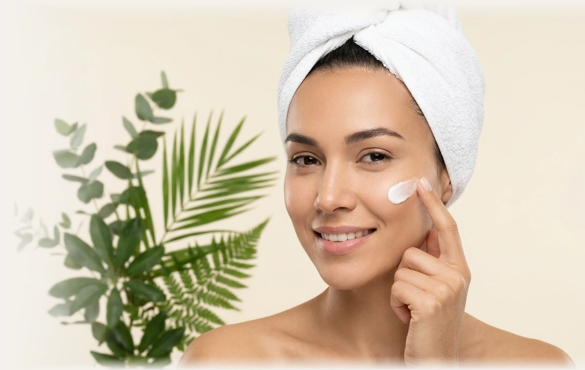 Aplicación cosmética de crema sobre la piel limpia