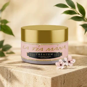 Tarro rosa con tapa dorada de Crema Tía Mana Premium con 5 potenciadores